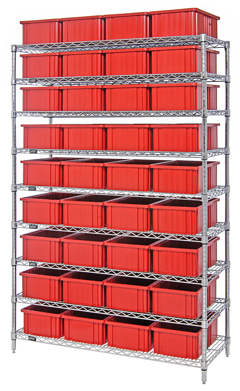 Quantum chrome wire shelving with dividable grid containers