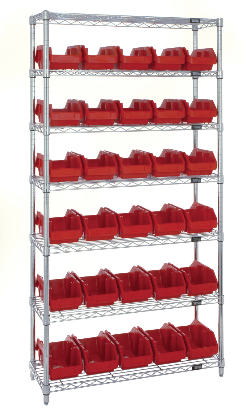 Quantum QuickPick Heavy-Duty Wire Shelving with QuickPick Bins – Complete Package – 36" x 18" x 74" – W7-18-26 to W7-18-30 – W7-18-30 – Red