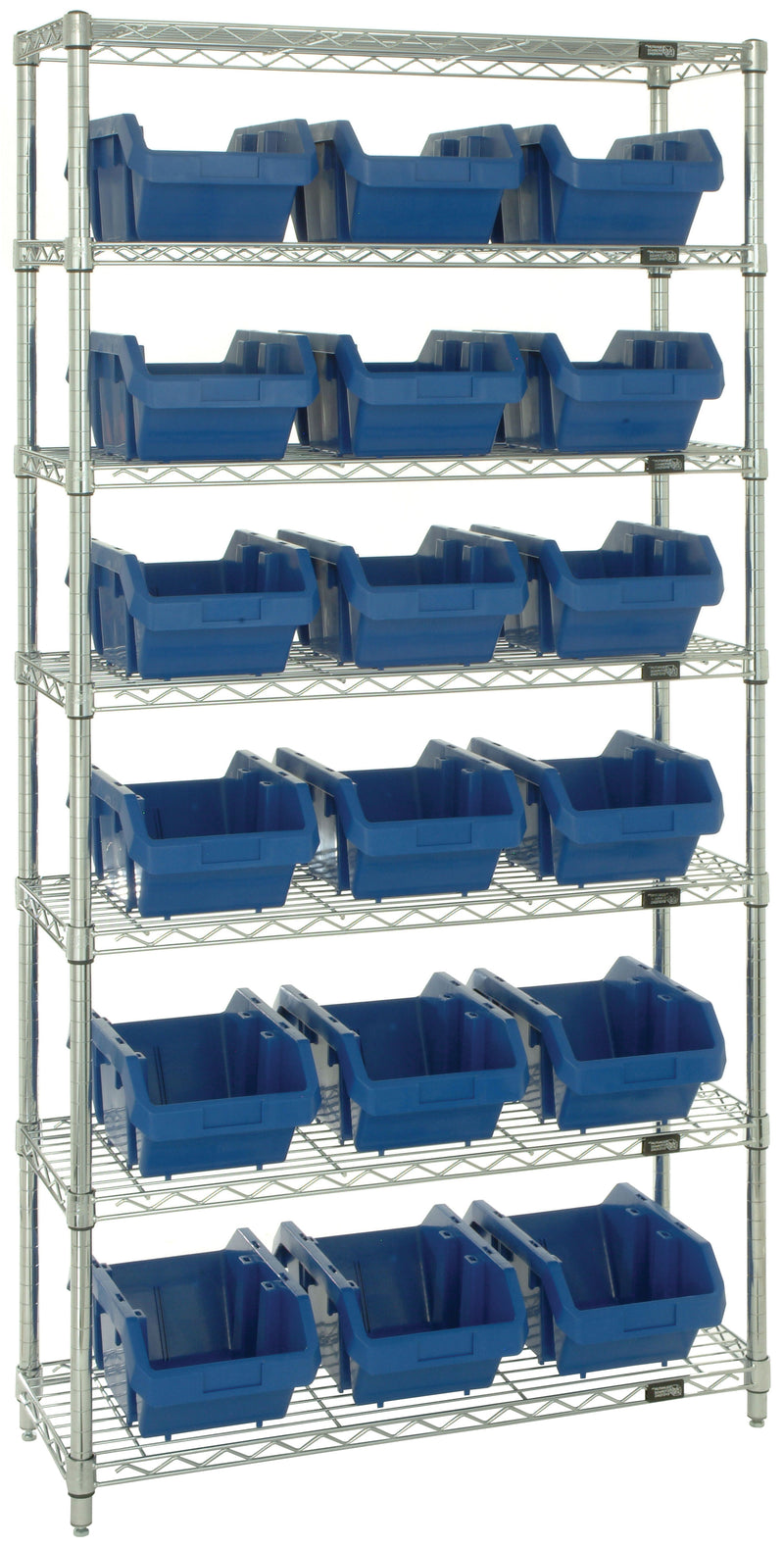 Quantum QuickPick Heavy-Duty Wire Shelving with QuickPick Bins – Complete Package – 36" x 18" x 74" – W7-12-24 to W7-18-24 – W7-14-18 – Blue