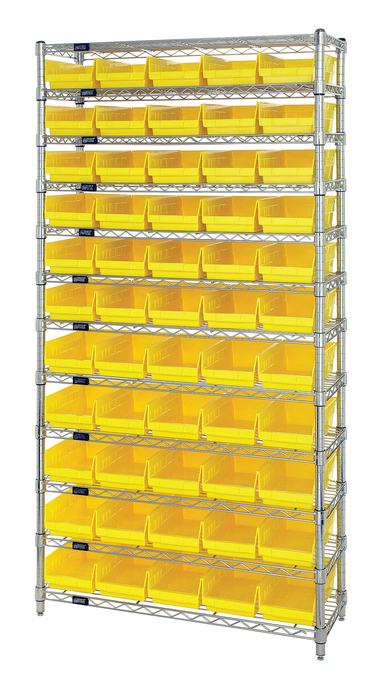 Quantum Economy 4" Shelf Bin Wire Shelving Systems with Bins – 24" x 36" x 74" – WR12-106 – Yellow