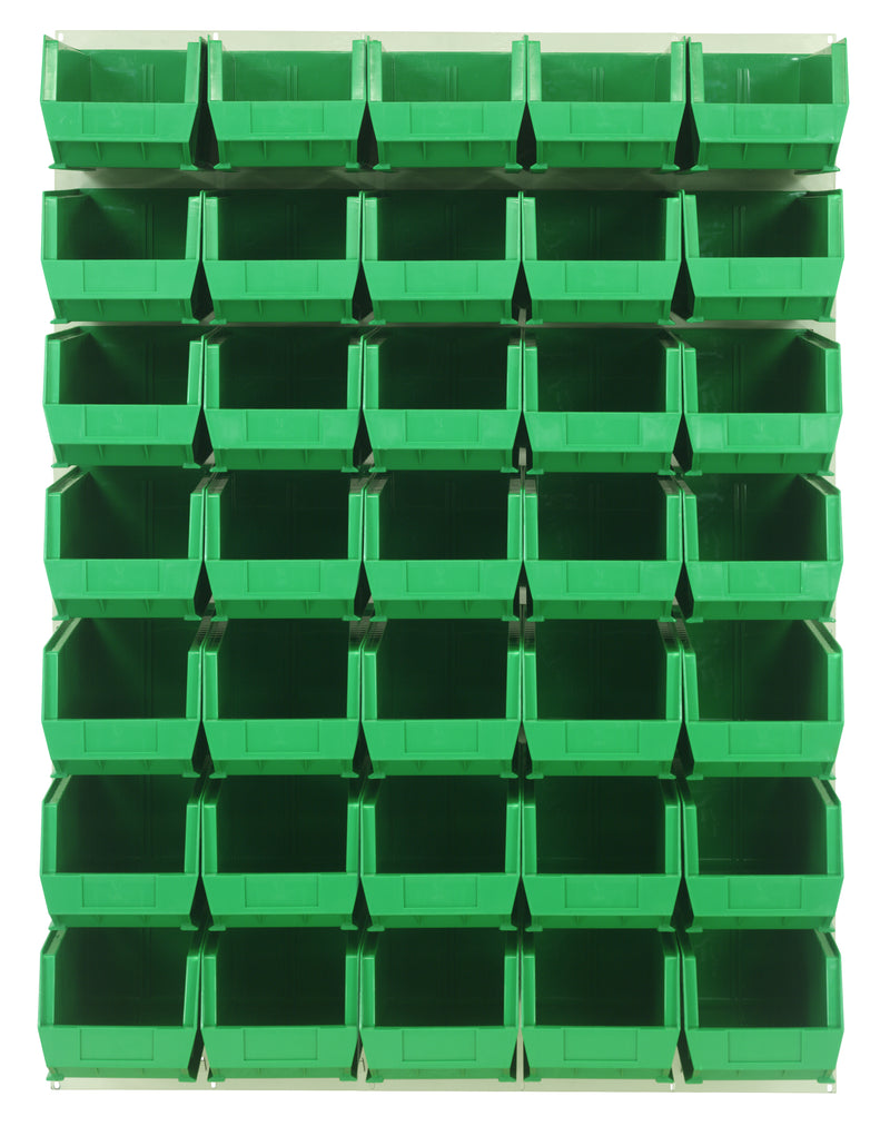 Quantum Louvered Panels with Bins – 48" x 61" – Oyster White – 35 QUS240 Bins – Green