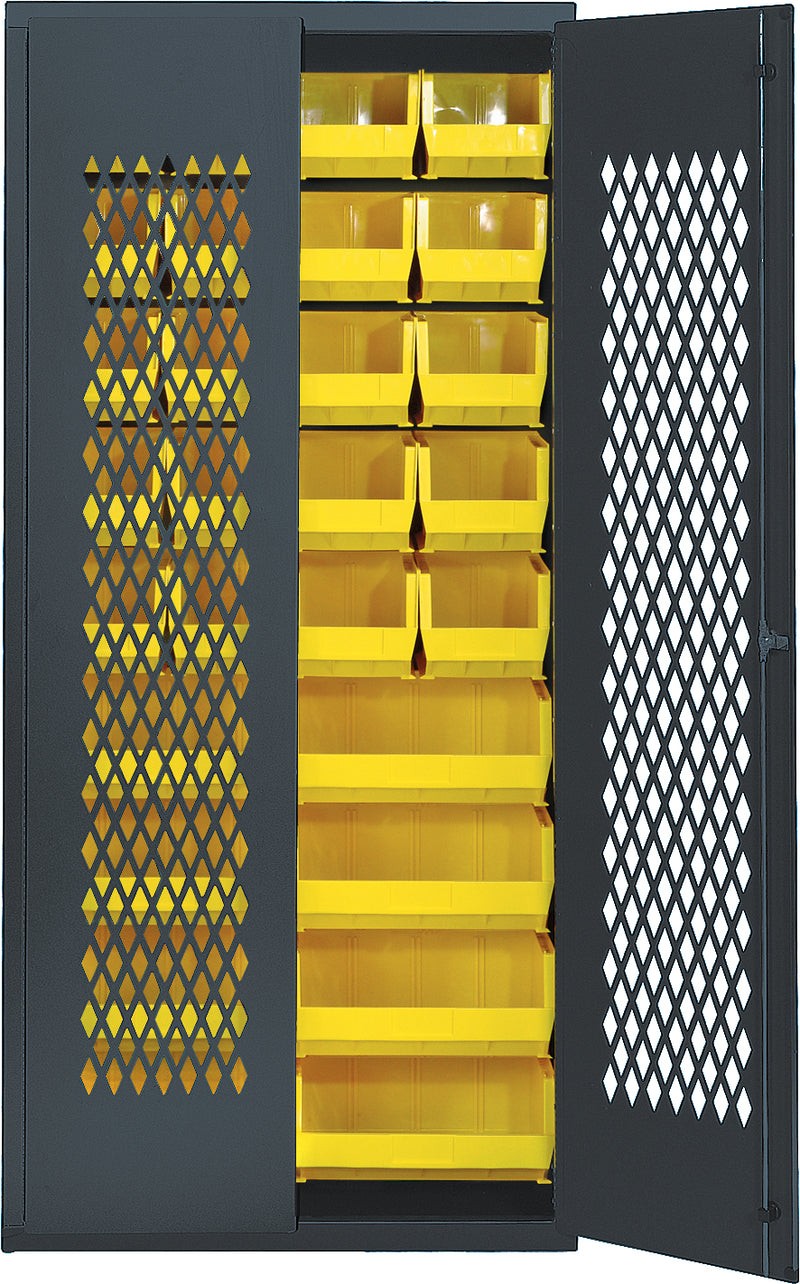 Quantum Storage Cabinets with Bins – 18" x 36" x 78" – MESH Series – MESH-240250 – Yellow