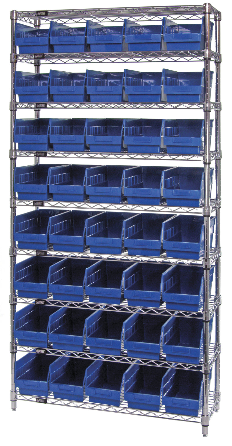 Quantum Store-More 6" Shelf Bin Wire Shelving Systems with Bins – 12" x 36" x 74" – WR9-202 – Blue