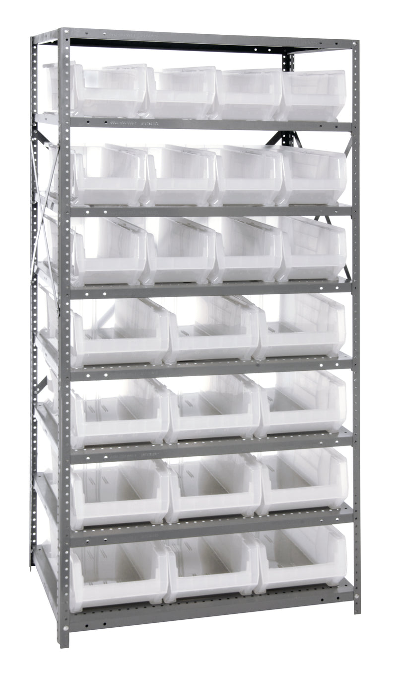 Quantum Clear-View Steel Shelving with Clear Containers – 24" x 36" x 75" – 2475-950952CL to 2475-953954CL – 2475-950952CL – Clear
