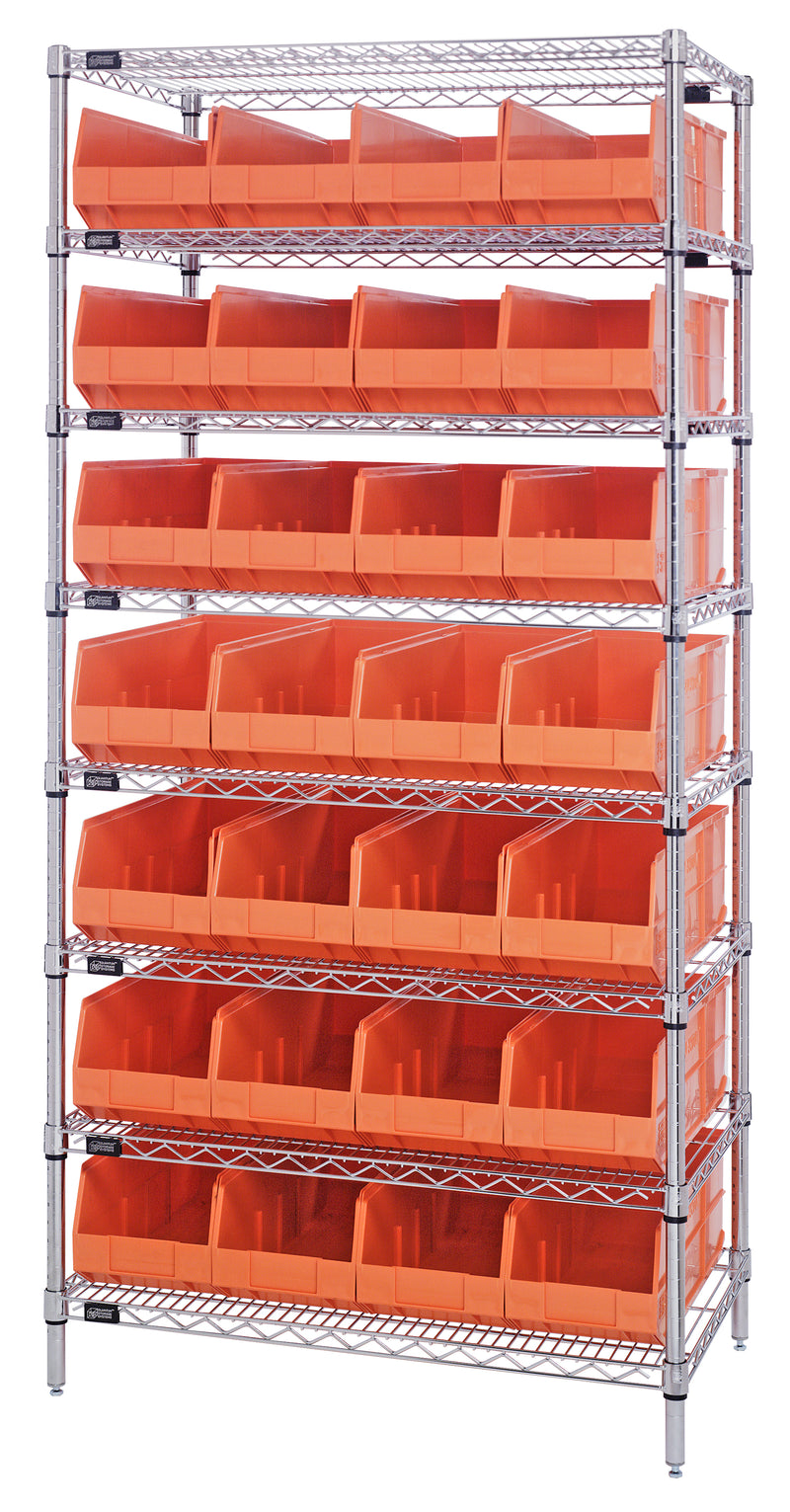 Quantum Wire Shelving with Stackable Shelf Bins – 14" x 36" x 74" – WR8-443 – Orange