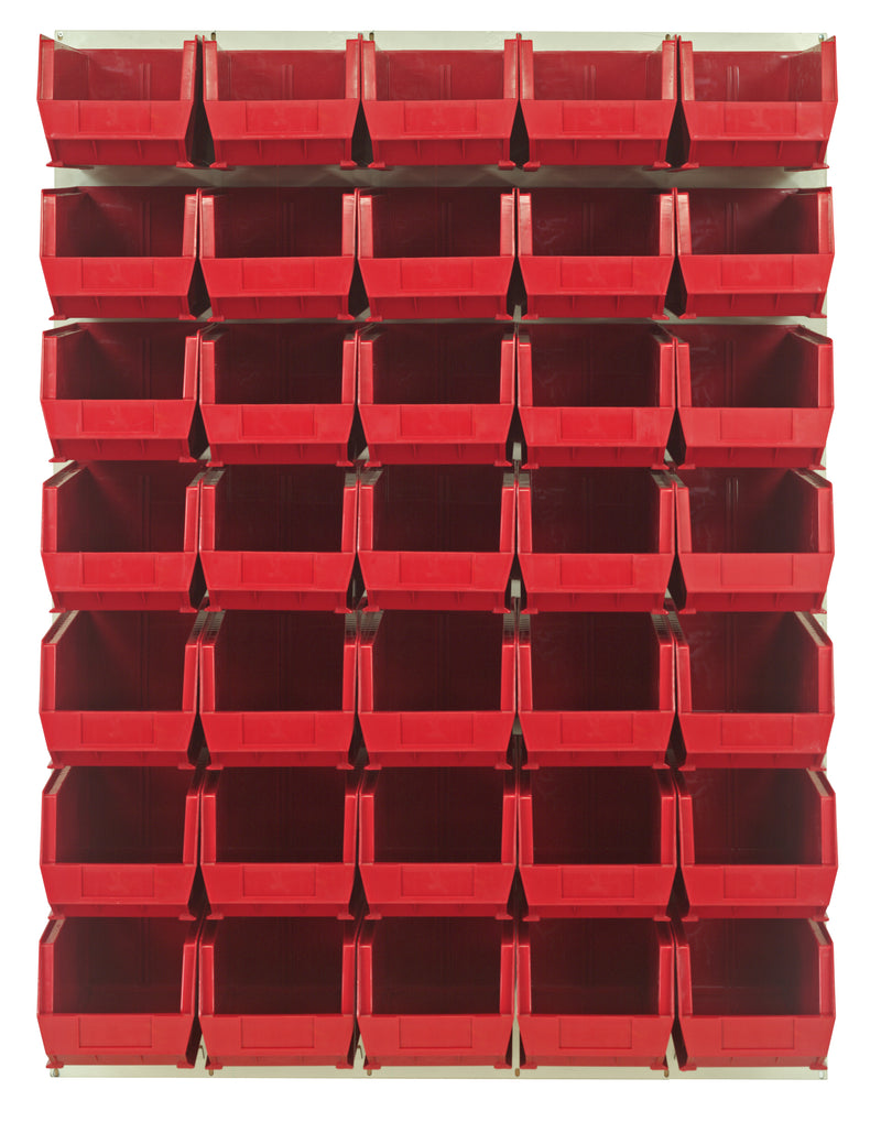 Quantum Louvered Panels with Bins – 48" x 61" – Oyster White – 35 QUS240 Bins – Red