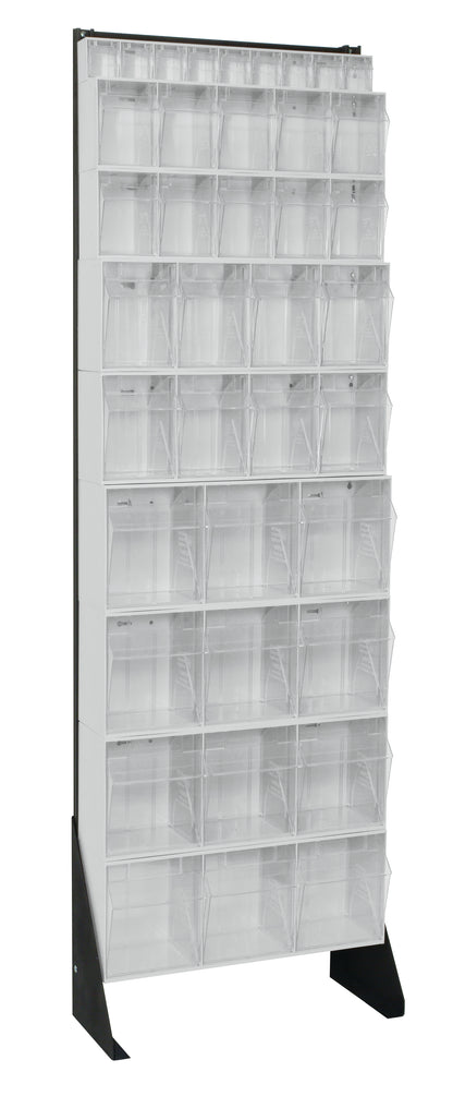 Tall display rack with multiple shelves on a white background
