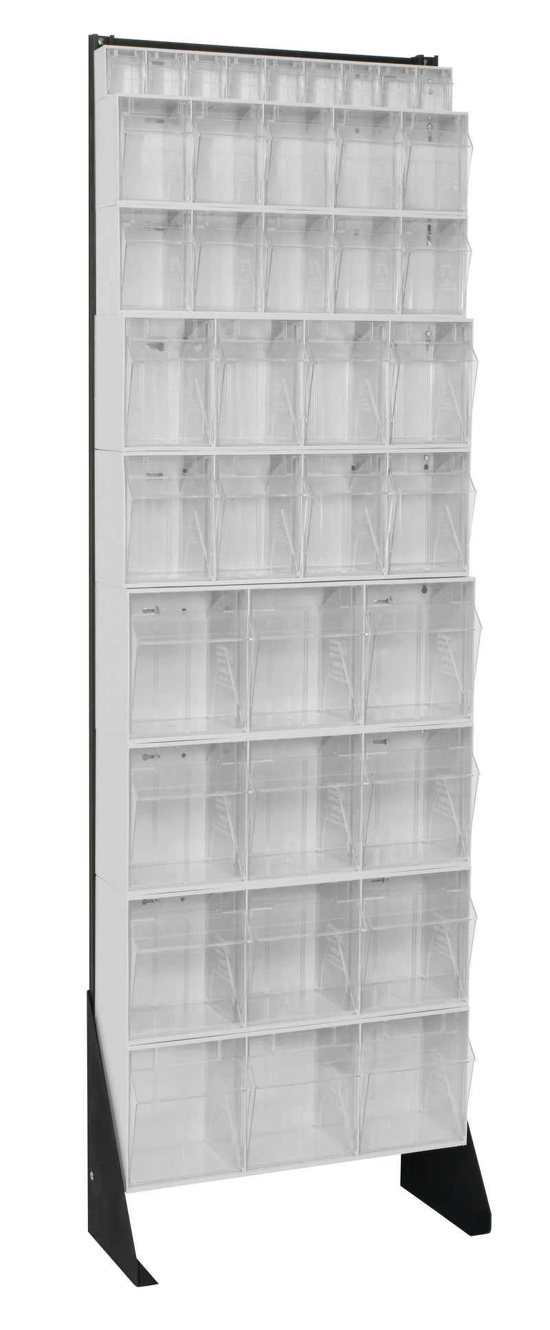 Tall display rack with multiple shelves on a white background