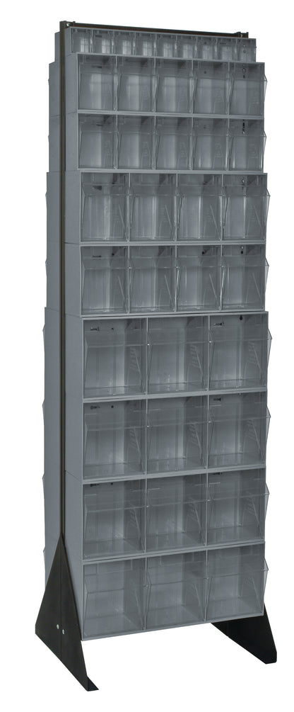 Tall gray storage rack with multiple shelves on a white background