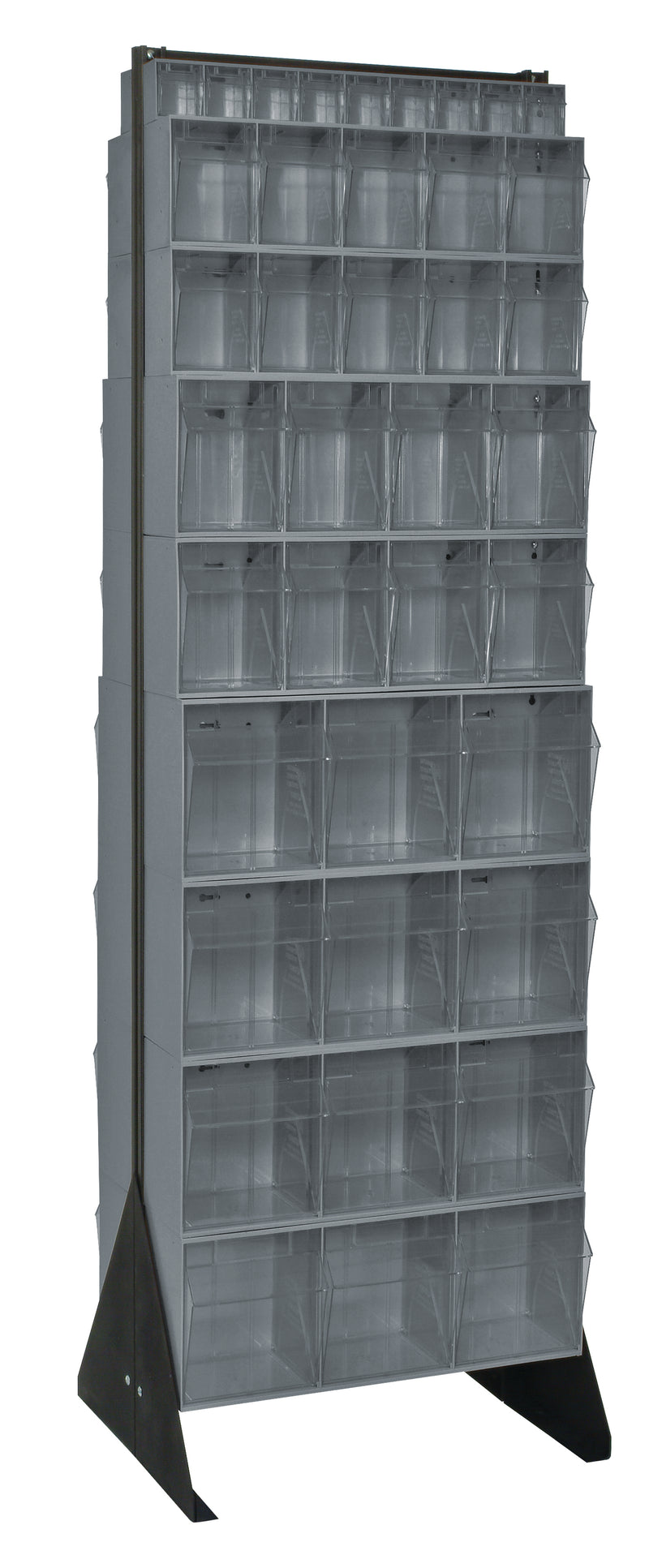 Tall gray storage rack with multiple shelves on a white background