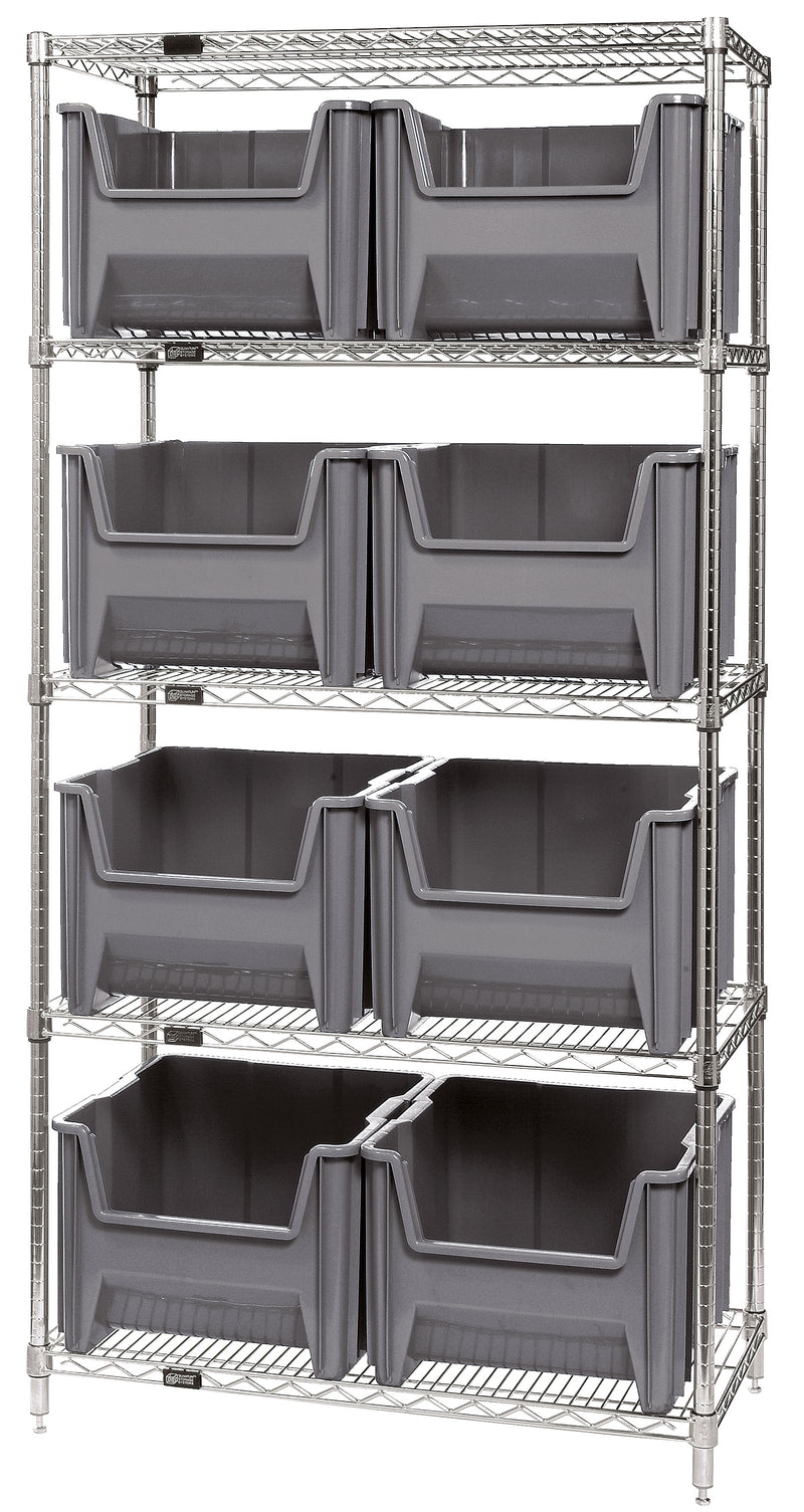 Quantum Giant Stack Wire Shelving with Bins – 36" x 18" x 74" – WR5-800 – Gray