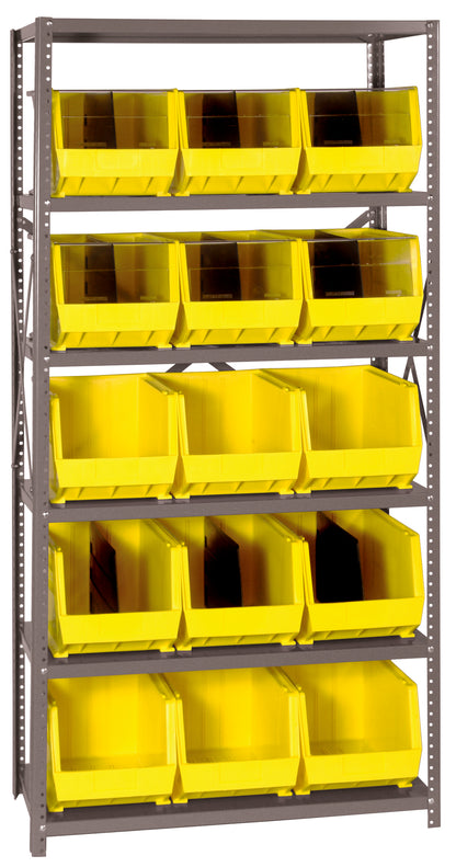 Metal shelving unit with yellow storage bins on a gray background