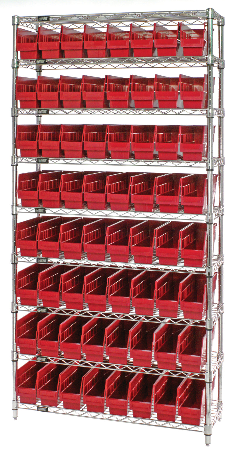 Quantum Store-More 6" Shelf Bin Wire Shelving Systems with Bins – 12" x 36" x 74" – WR9-201 – Red