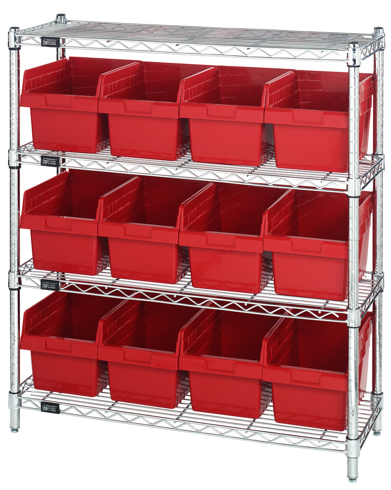 Quantum Store-Max 8" Shelf Bin Wire Shelving Systems with Bins – WR4-39-1236-801 to WR8-802 – WR4-39-1236-807 – Red