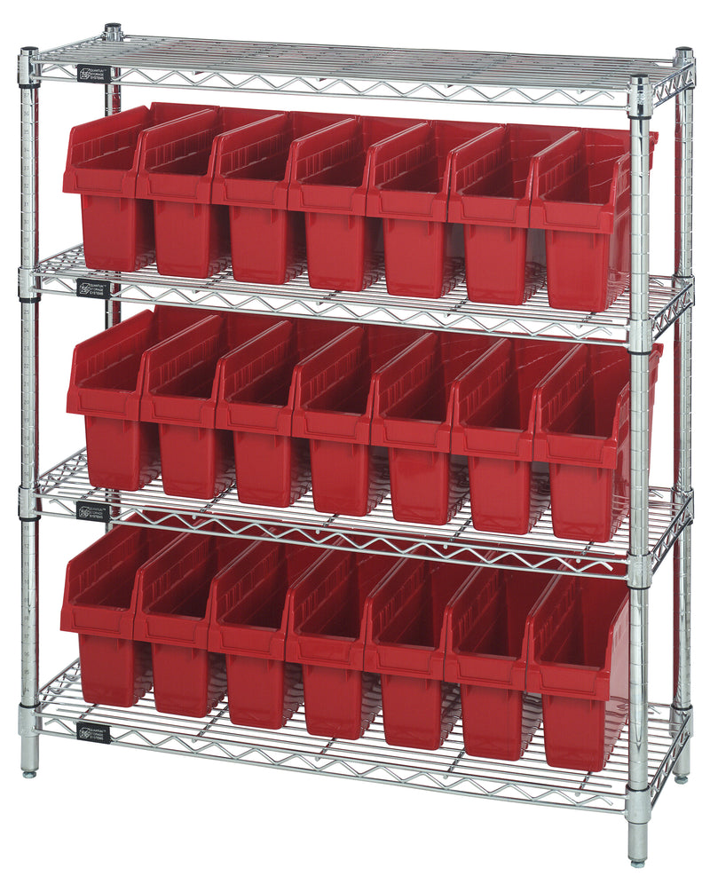 Quantum Store-Max 8" Shelf Bin Wire Shelving Systems with Bins – WR4-39-1236-801 to WR8-802 – WR4-39-1236-801 – Red
