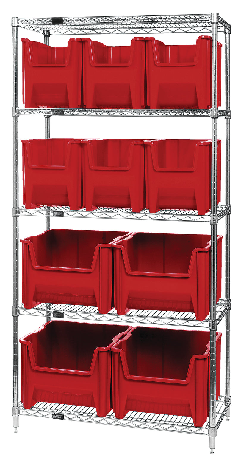 Quantum Giant Stack Wire Shelving with Bins – 36" x 18" x 74" – WR5-600800 – Red
