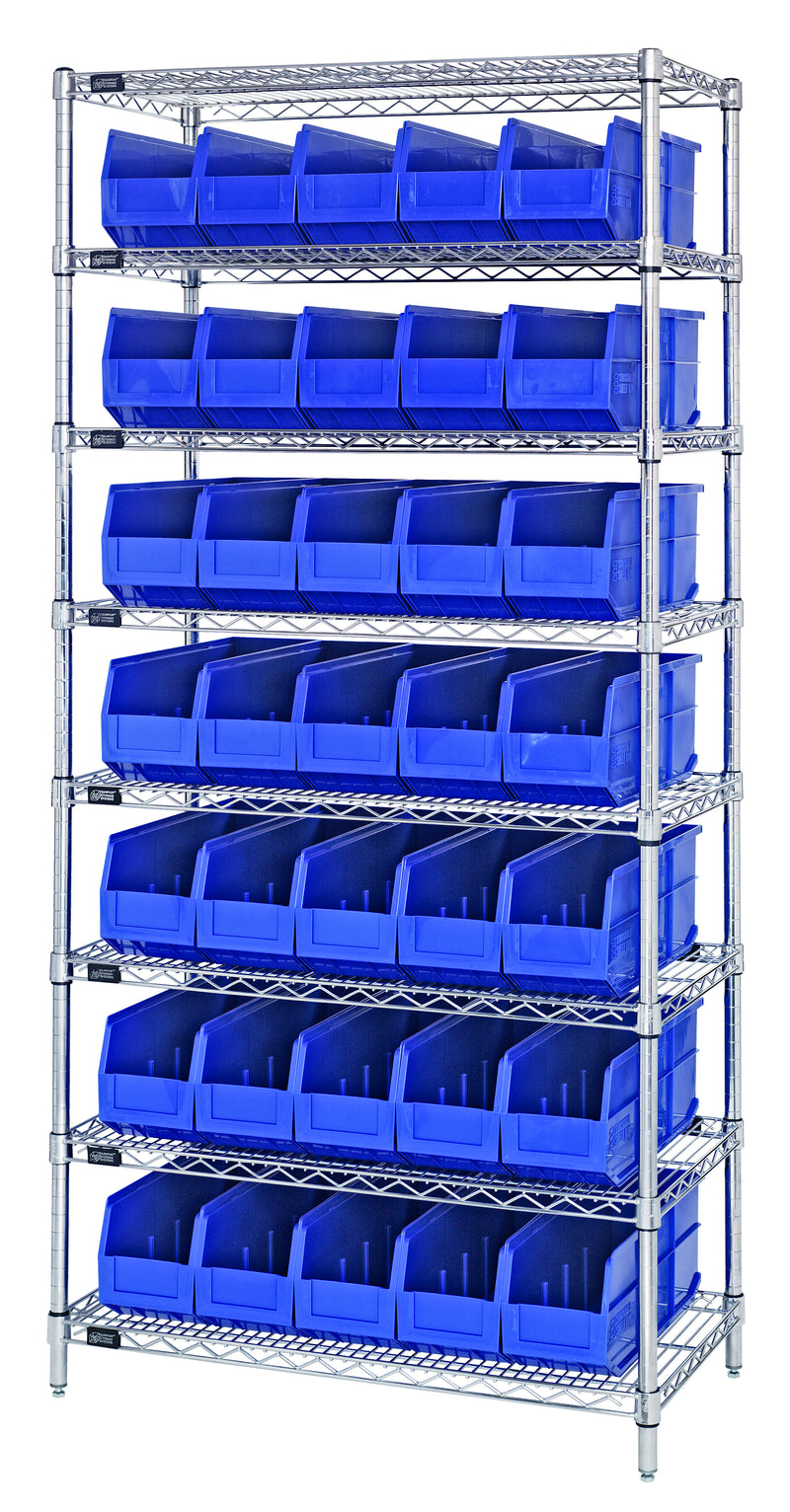 Quantum Wire Shelving with Stackable Shelf Bins – 14" x 36" x 74" – WR8-441 – Blue
