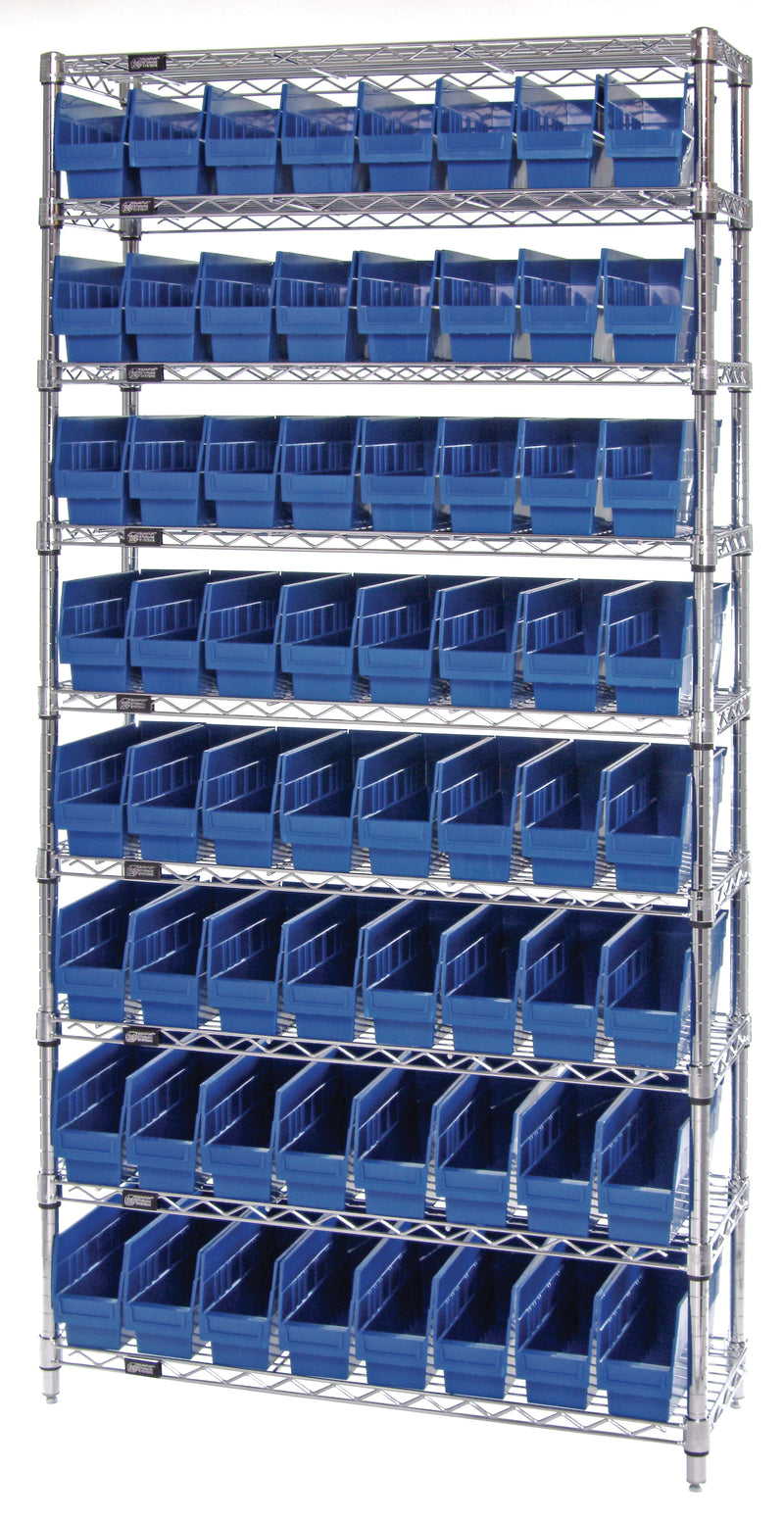 Quantum Store-More 6" Shelf Bin Wire Shelving Systems with Bins – 12" x 36" x 74" – WR9-201 – Blue