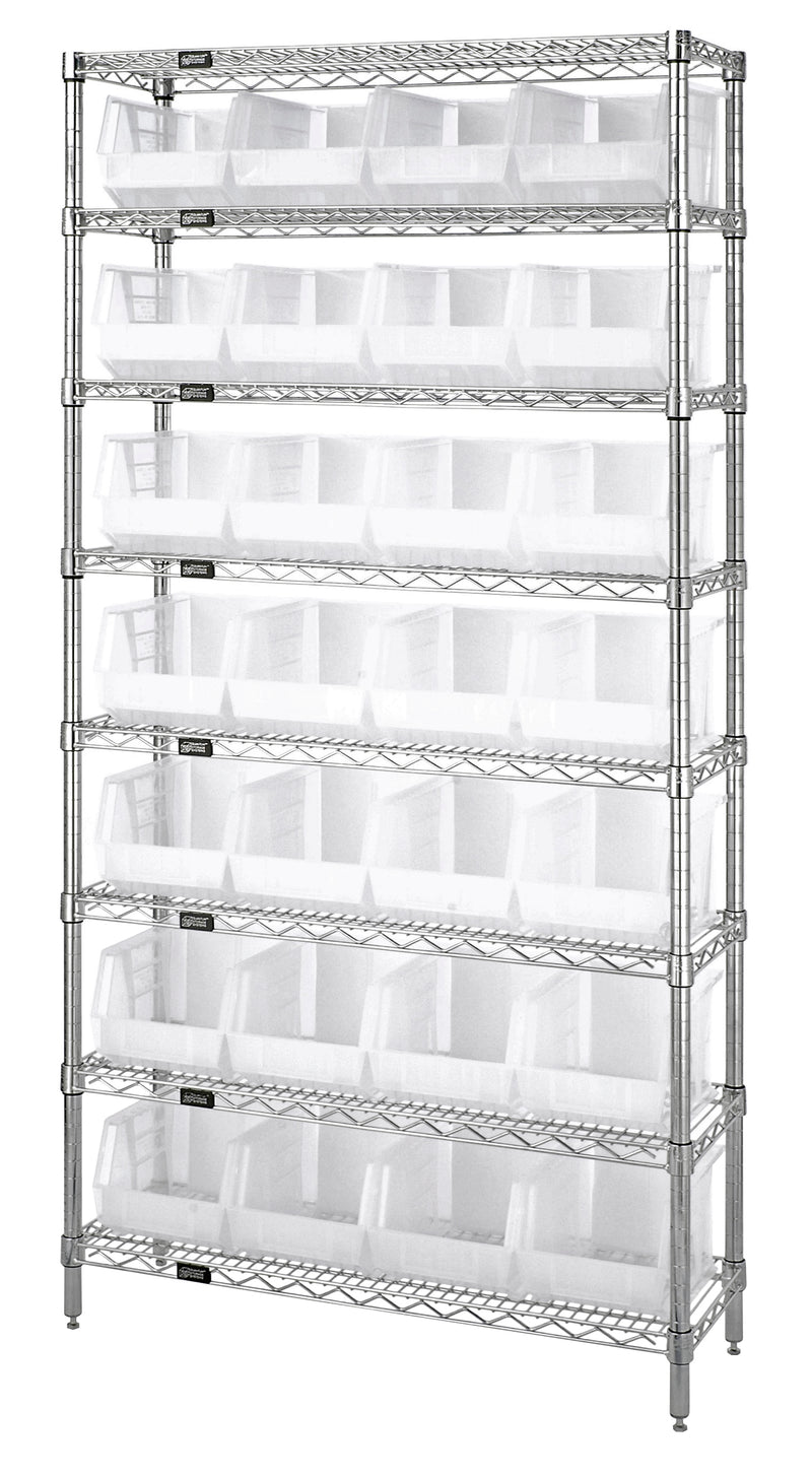 Quantum Clear-View Wire Shelving with Clear Bins – 12" x 36" x 74" – WR8-239CL – Clear