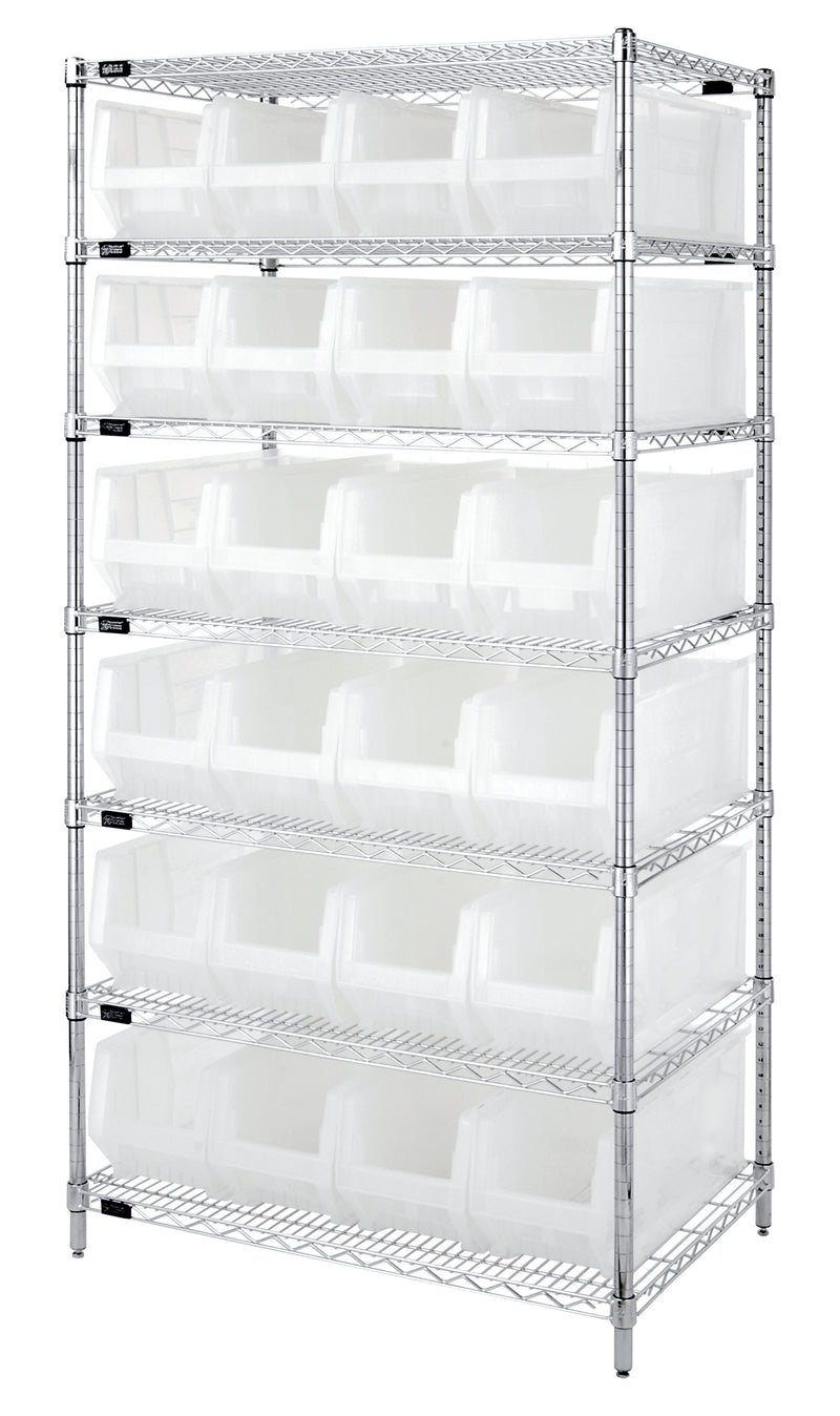 Quantum Clear-View Wire Shelving with Clear Containers – WR5-955CL to WR8-950CL – 24" x 36" x 74" – WR7-951CL – Clear