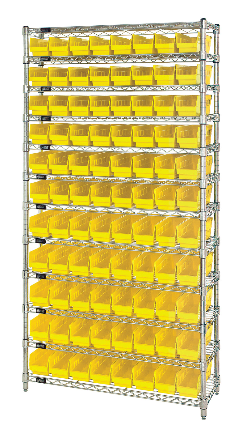 Quantum Economy 4" Shelf Bin Wire Shelving Systems with Bins – 24" x 36" x 74" – WR12-105 – Yellow