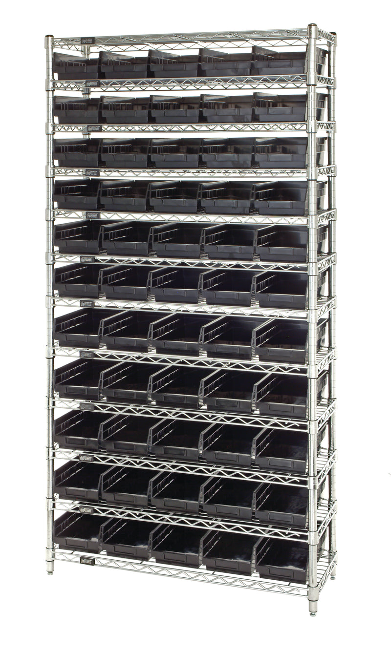Quantum Economy 4" Shelf Bin Wire Shelving Systems with Bins – 12" x 36" x 74" – WR12-102 – Black