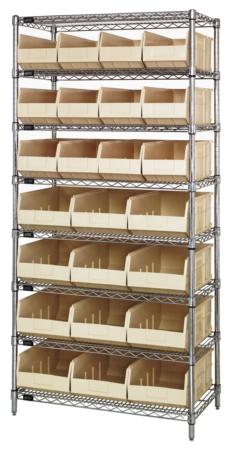 Quantum Wire Shelving with Stackable Shelf Bins – 21" x 36" x 74" – WR8-483485 – Ivory