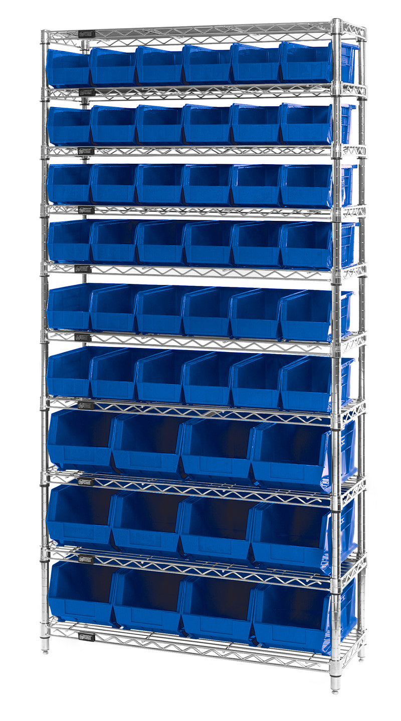 Quantum Stack & Hang Wire Shelving with Bins – 36" x 14" x 74" – WR10-230240 – Blue