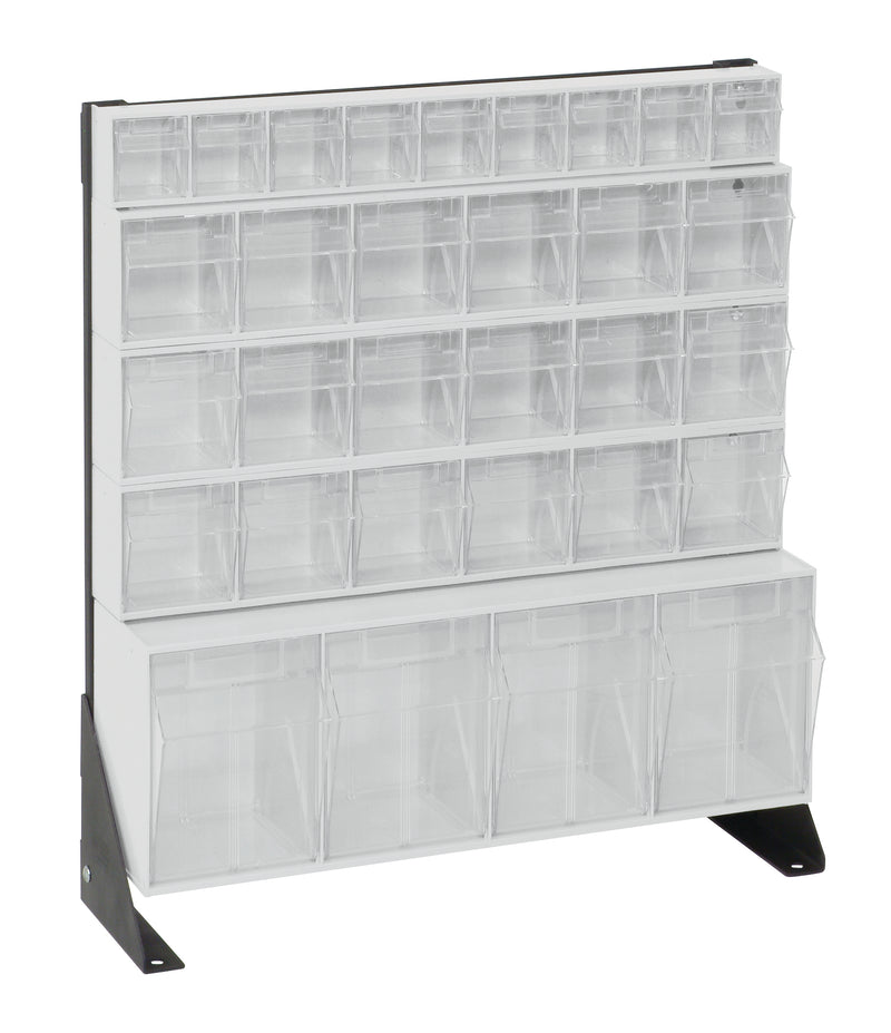 Grid display stand with clear bins on a white background