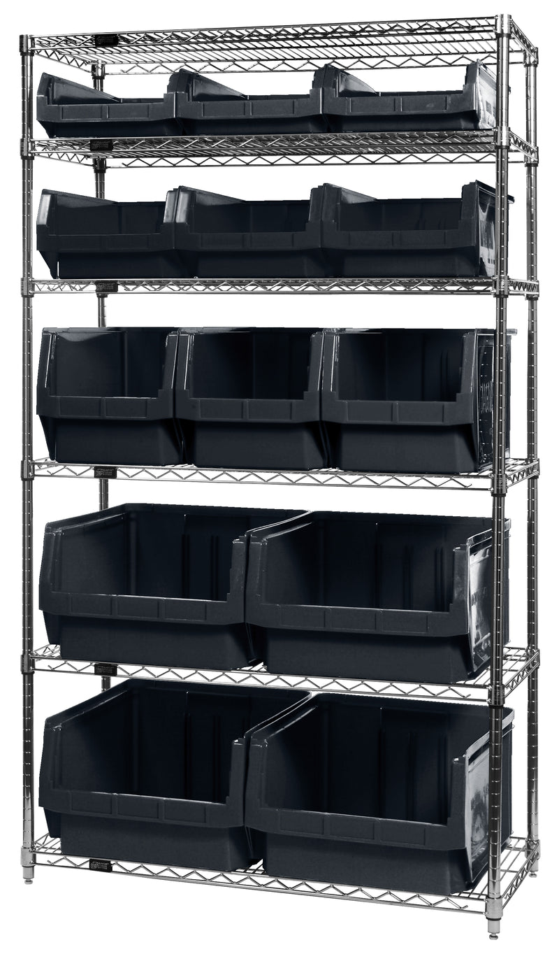 Quantum Magnum Wire Shelving Systems with Bins – 42" x 18" x 74" – WR6-13-MIX – Black