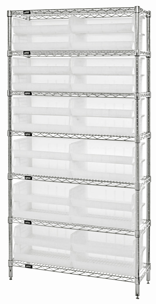 Quantum Clear-View Wire Shelving with Clear Bins – 12" x 36" x 74" – WR7-245CL – Clear