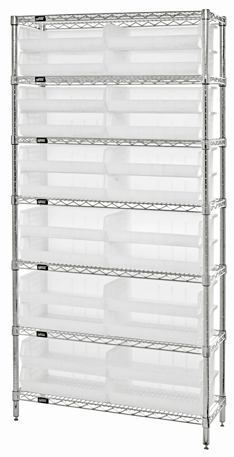 Quantum Clear-View Wire Shelving with Clear Bins – 12" x 36" x 74" – WR7-245CL – Clear