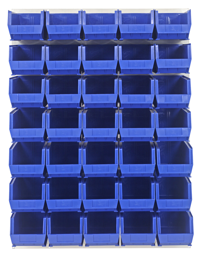 Quantum Louvered Panels with Bins – 48" x 61" – Oyster White – 35 QUS240 Bins – Blue