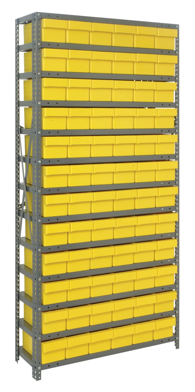 Storage rack with yellow bins on a white background