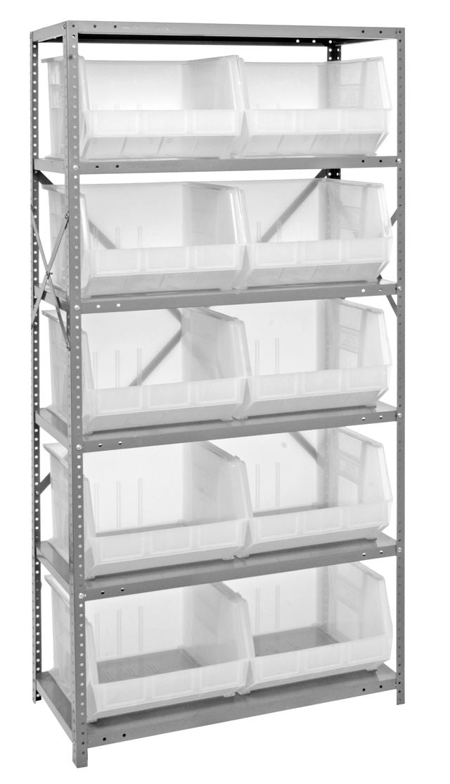 Metal shelving unit with white bins on a white background