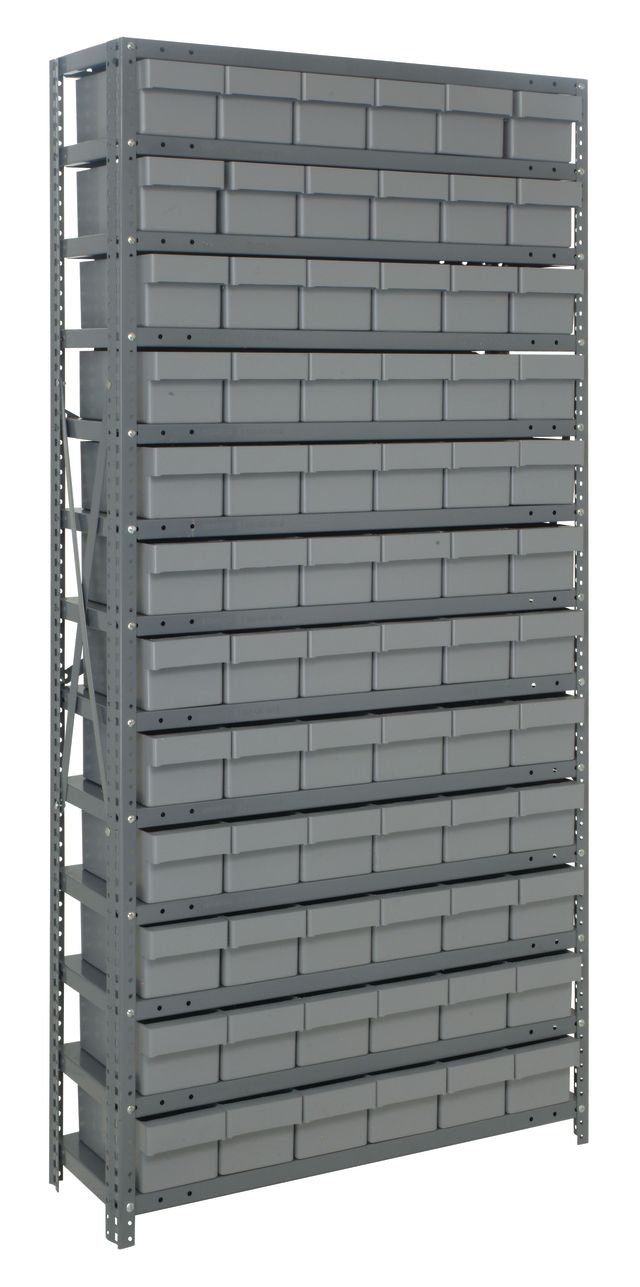 Stack of gray storage bins on a metal rack