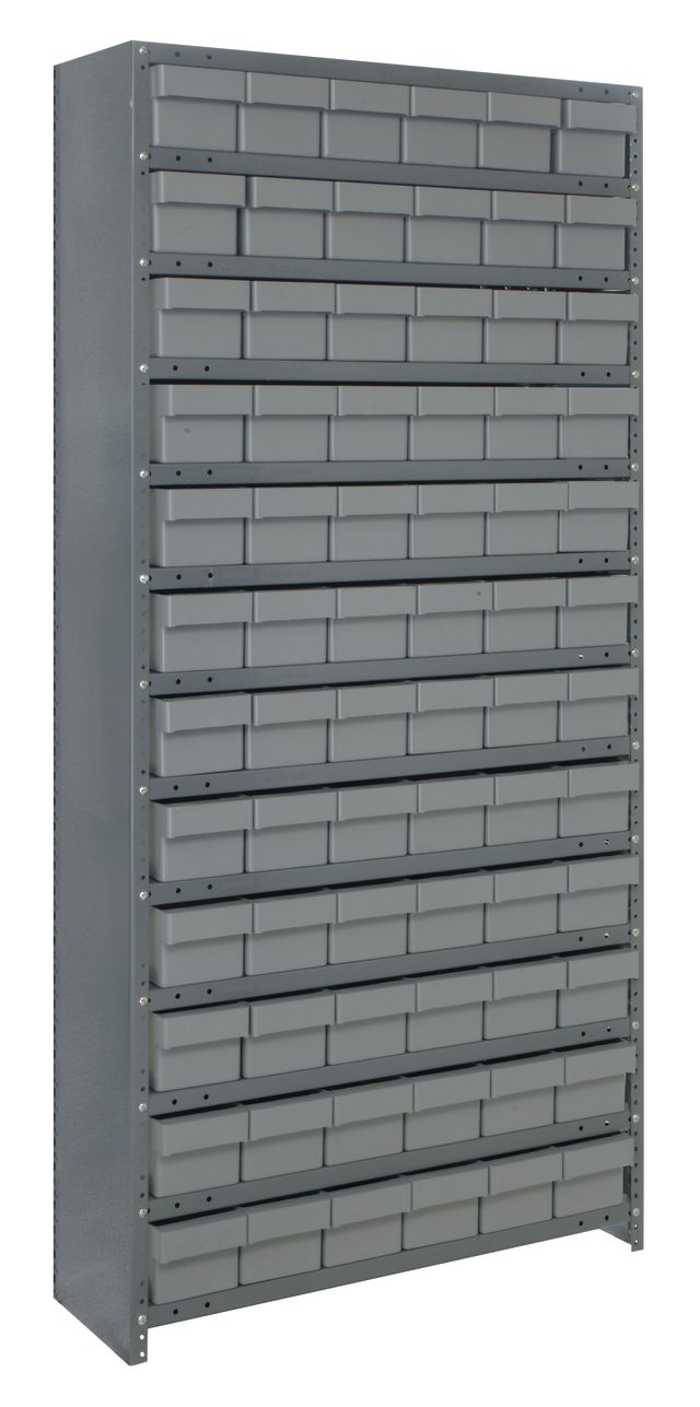Gray storage cabinet with multiple shelves on a white background