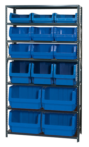 Quantum MSU-16-MIX in Blue – Quantum Magnum Steel Shelving Systems with Bins – 18" x 42" x 75"