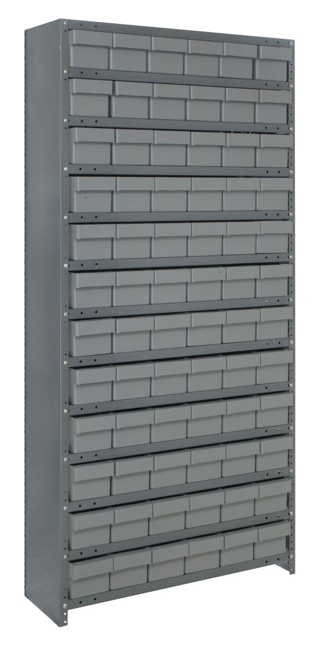 Gray storage cabinet with multiple shelves on a white background
