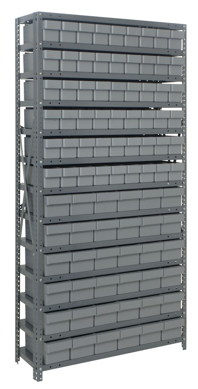 Gray metal storage rack with multiple shelves and bins