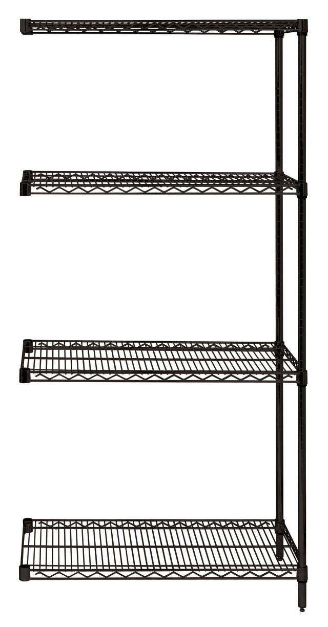 Black metal shelving unit with five shelves on a white background