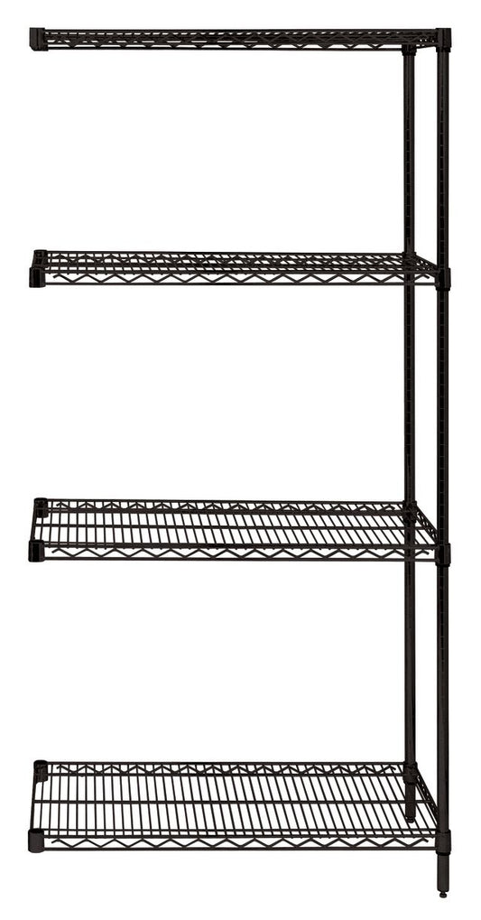 Black metal shelving unit with five shelves on a white background