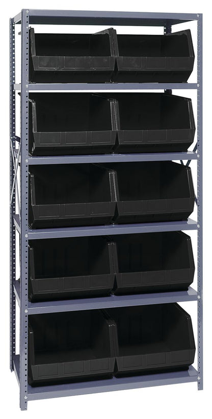 Storage rack with black bins on a gray metal frame