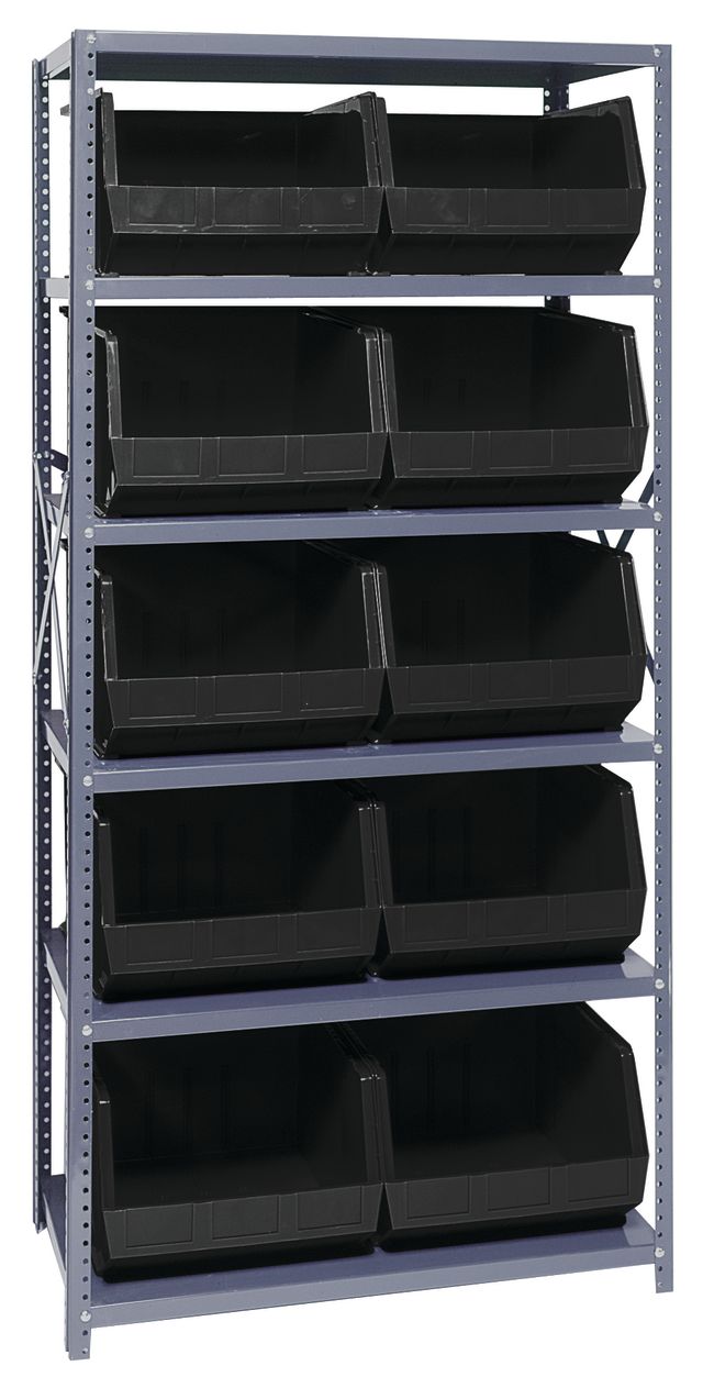 Storage rack with black bins on a gray metal frame