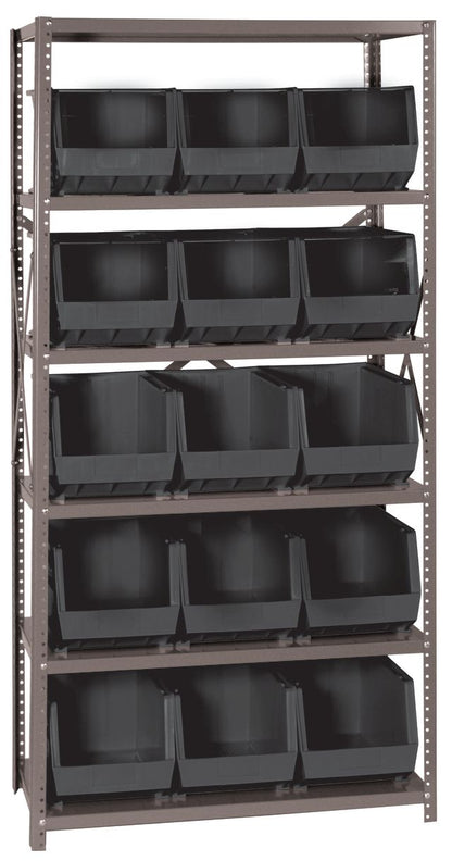 Metal shelving unit with black storage bins on a white background