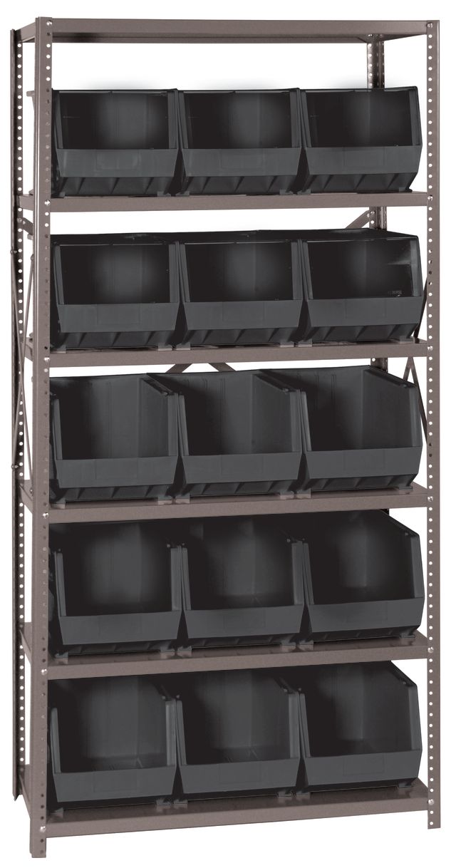 Metal shelving unit with black storage bins on a white background