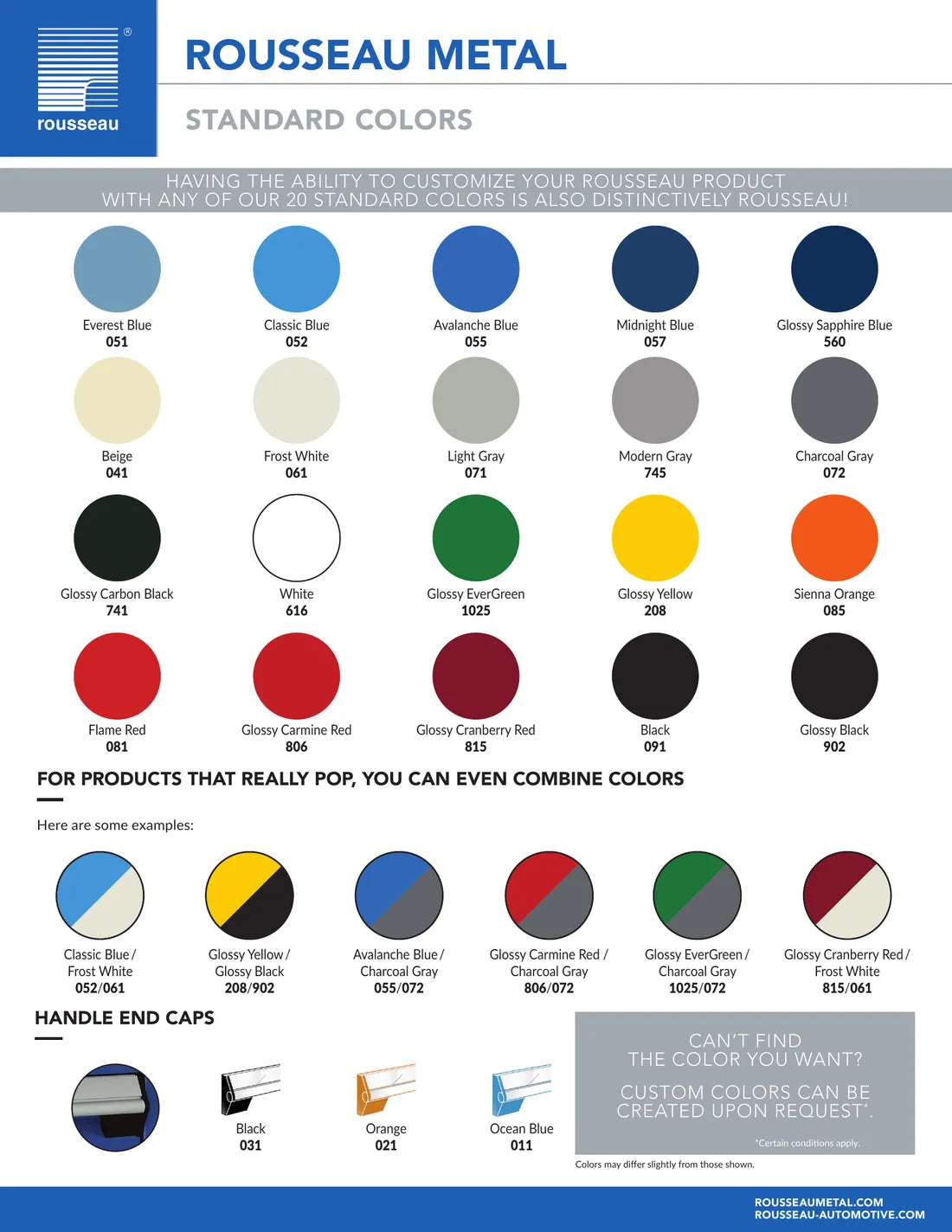 Rousseau Metal color chart with standard colors and customization options.