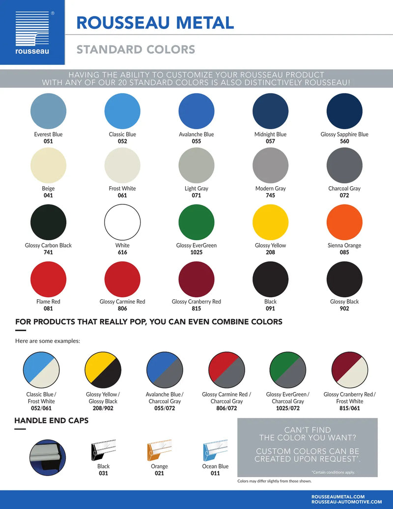 Rousseau Metal color chart with standard colors and customization options.