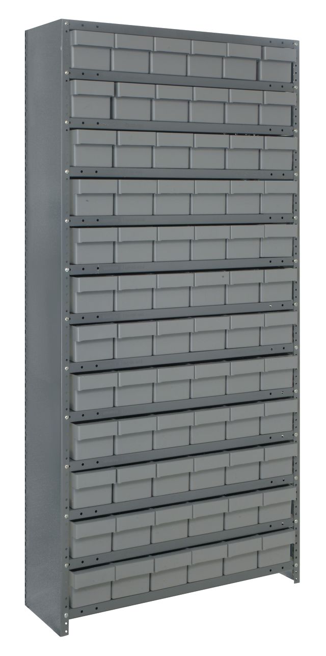 Gray storage cabinet with multiple shelves on a white background