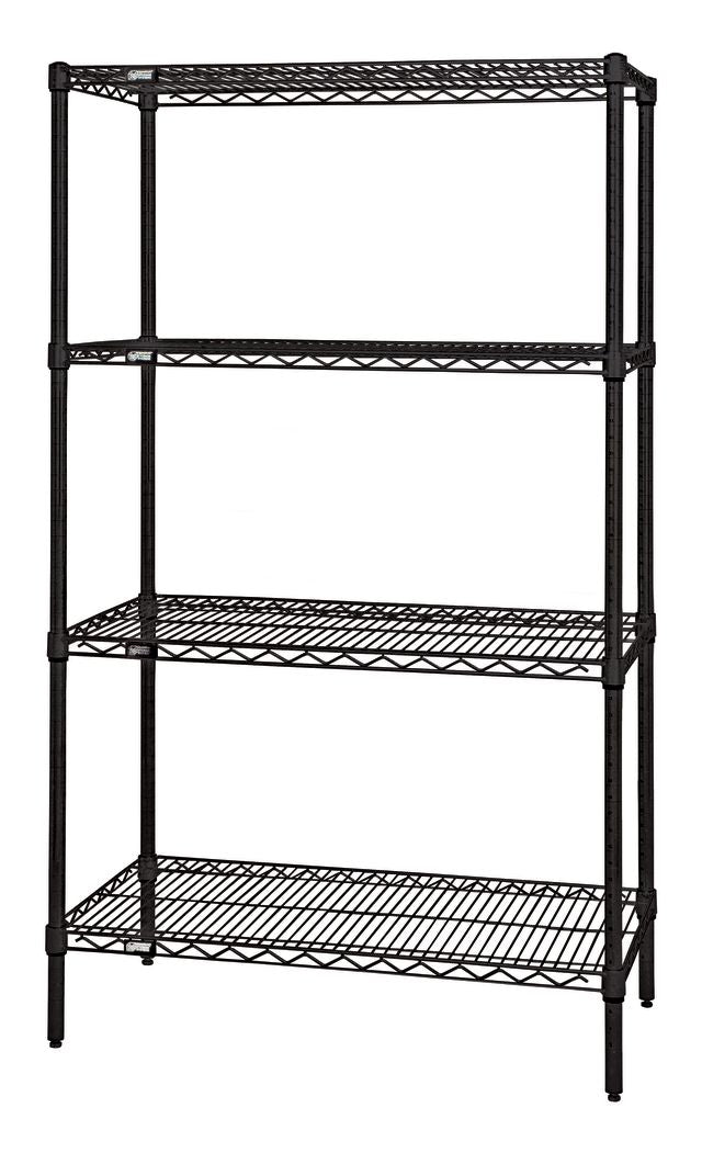 Black metal shelving unit with four shelves on a white background